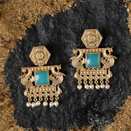 Zaveri Pearls Gold-Plated Peacock Shaped Stone Studded & Beaded Drop Earrings-image-49