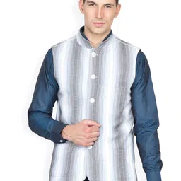 Hypernation White & Grey Striped Nehru Jacket-0
