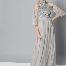 STREET 9 Women Grey Sequinned Net Cold-Shoulder Maxi Dress-image-12