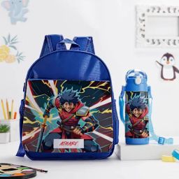 Personalized Warrior Caricature School Bag And Water Bottle Combo- Blue-image-51
