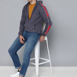 HERE&NOW Men Solid Hooded Front-Open Sweatshirt With Side Stripe-picture-6