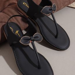 CHINRAAG Women Embellished Bow Detailed T-Strap Flats-image-5