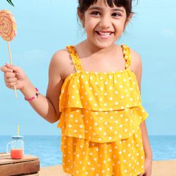 Babyhug Half Sleeves Rayon Woven Layered Top with Polka Print & Frill Detailing - Yellow-image-34