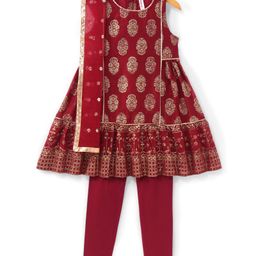 Babyhug Woven Sleeveless Foil Printed Kurta With Pant And Dupatta Set - Maroon-image-54