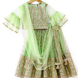 Babyhug Short Sleeve Sequined with Zari Embroidered Choli Lehenga  and Dupatta Set - Lime Green-image-87