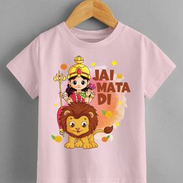 KNITROOT Navratri Theme Half Sleeves Jai Mata Di Text Printed Tee - Pink-picture-20