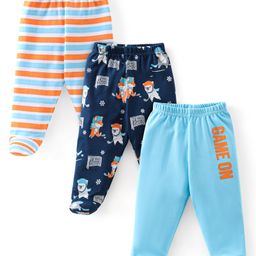 Babyhug Cotton Knit Footed Bootie Leggings Striped Pack of 3 - Blue-image-50