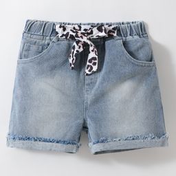 Kookie Kids Mid Thigh Length Washed Denim Shorts with Bow - Blue-picture-22