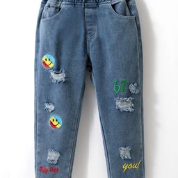 Kookie Kids Full Length Jeans with Smiley Embroidered  - Blue-image-12
