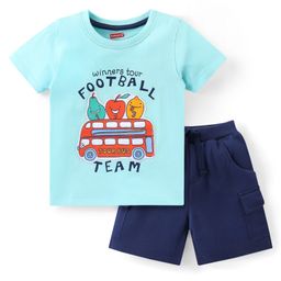 Babyhug Cotton Knit Half Sleeves  T-Shirt & Shorts Set With Bus Patch & Text Print - Blue-image-16