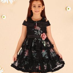 Cutecumber Cold Shoulder Floral Printed Tiered Net Dress - Black-image-20