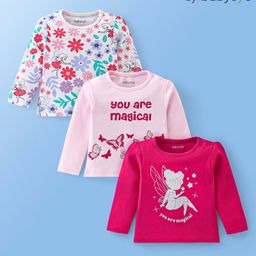 Babyoye 100% Cotton Full Sleeves  Floral & Butterfly Printed Tops Pack of 3 -  Pink & White-image-58