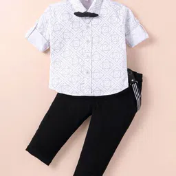 JASH KIDS Cotton Woven Full Sleeves Printed Shirt & Trouser Set With Suspender & Bow Tie - White-picture-47