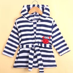 Babyhug Cotton Knit Full Sleeves Hooded Bathrobe with Crab Embroidery - White & Blue-image-52