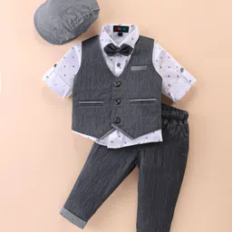 Robo Fry Lycra Knit Full Sleeves Printed 3 Piece Party Suit with Bow & Hat - Grey-picture-0