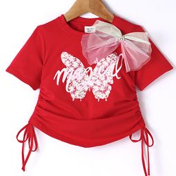Kookie Kids Woven Half Sleeves Top With Floral & Bow Applique - Red-image-20
