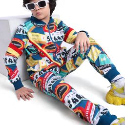 Ollington St. 100% Cotton Knit Full Sleeves Text Printed Sweatshirt with Front Zipper & Joggers Set-Blue-image-74