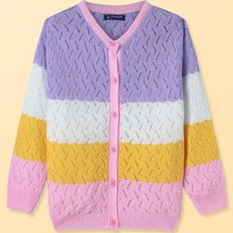 Pine Kids Full Sleeves Front Open Sweater With Stripes - Purple Yellow & White-image-80