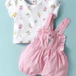 ToffyHouse Cotton Woven Checkered Dungaree & Half Sleeves Inner Tee with Floral Print & Embroidery - Pink & White-image-50