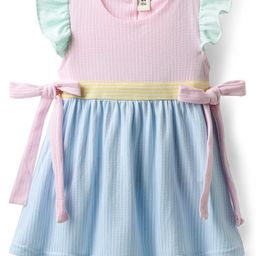 ToffyHouse Cotton Knit Frill Sleeves Striped Frock With Bow Applique - Multicolor-image-76