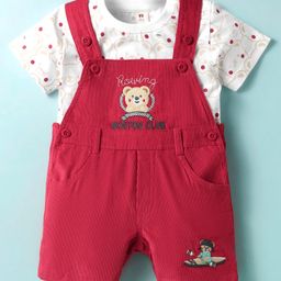 ToffyHouse 100% Cotton Knit Dungaree & Half Sleeves Inner T-Shirt with Bear Print & Embroidery - Red & White-image-10