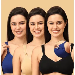 The Mom Store Cotton Elastane Pack Of 3 Sleeveless Solid Nursing & Feeding Non Padded Bra - Black Beige & Blue-picture-26