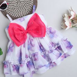 Many frocks & Georgette Sleeveless Floral Printed & Bow Applique Detailed Dress - White-image-19