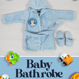 Rangoli Cotton Full Sleeves Baby Boy Patch Detailed Hooded Bath Robe With Attached Belt & Slippers Set - Blue-image-4