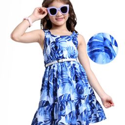 Hola Bonita Woven Sleeveless Frock With Floral Print & Belt - Blue & White-image-86