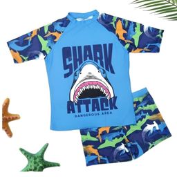 Yellow Bee Half Raglan Sleeves Sharks Printed Coordinating Tee & Shorts Set - Blue-image-80