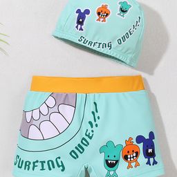 Babyhug Swimming Trunk With Animal Print & Cap - Sea Green-image-90