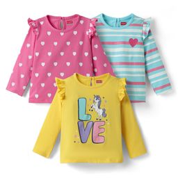 Babyhug 100% Cotton Knit Full Sleeves Striped T-Shirts with Hearts & Unicorn Print Pack of 3 - Yellow Pink & Light Blue-image-40