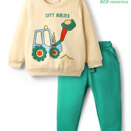 Babyoye 100% Cotton Knit Full Sleeves Winter Wear Sweatshirt & Lounge Pant Set with Bulldozer Print - Mint & Beige-picture-19