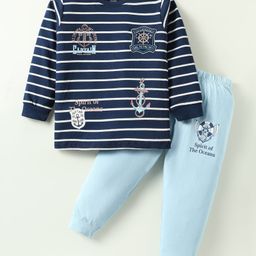 CUCUMBER Sinker Knit Full Sleeves Striped T-Shirt & Lounge Pant Set with Nautical Theme Print - Navy Blue-image-71