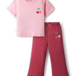 Bonfino 100% Cotton Knit Full Sleeves Oversized T-Shirt & Wide Leg Leggings Set With Cherry Print - Light Pink & Red-image-95