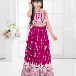Tiny Kingdom Georgette Woven Three Fourth Sleeves Floral Embroidered Sequins Embellished Coordinating Lehenga Choli With Dupatta - Pink-image-85