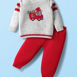 Babyhug Knit Full Raglan Sleeves Pullover Sweater Set with Patch Detailing - Red & Grey-picture-33