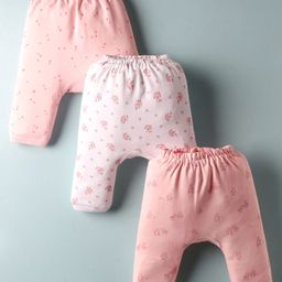 Simply Interlock Knit Full Length Floral Bird & Heart Printed Diaper Leggings Pack of 3 - Baby Pink & White-picture-9