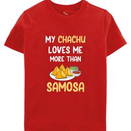Zeezeezoo 100% Cotton Knit Family Theme Half Sleeves My Chachu Loves Me More Than Samosa Text Printed Tee - Red-picture-6