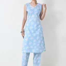 LIBOZA Women Floral Printed Regular Pure Cotton Kurta with Trousers-35