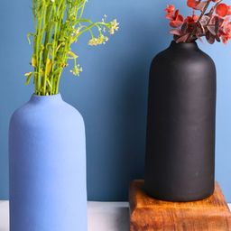 WEAVING HOMES 2-Pcs Blue & Black Glossy Ceramic Flower Vases-49