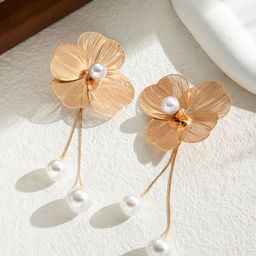 DressBerry Korean Gold-Plated Pearls Beaded Floral Shaped Drop Earrings-7