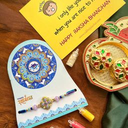 SUBHAGALANKAR Beaded Thread Rakhi With Pooja Thali Roli Chawal Chandan Mishri & Card-image-1