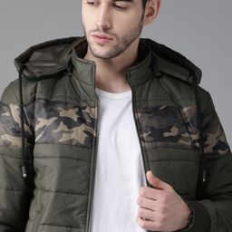Roadster Men Olive Green Camouflage Printed Hooded Padded Jacket-image-52