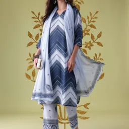 Anouk Chevron Printed Gotta Patti Detail Straight Kurta with Trousers & Dupatta-picture-22