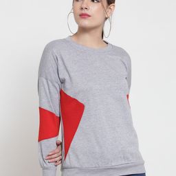 Belle Fille Women Grey Melange & Red Colourblocked Sweatshirt-4