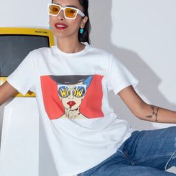 Sahi London Women Printed Drop-Shoulder Sleeves Pockets T-shirt-image-10