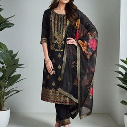 SZN Ethnic Motifs Printed Beads & Stones Chanderi Silk Kurta With Trousers & Dupatta-picture-49