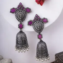 Sangria Purple Silver-Plated Artificial Stones Studded And Pearls Beaded Jhumkas-81