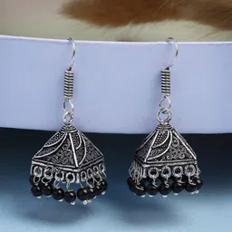 NVR Women German Silver Oxidised Silver Plated Dome Shaped Artificial Beads Jhumka-58